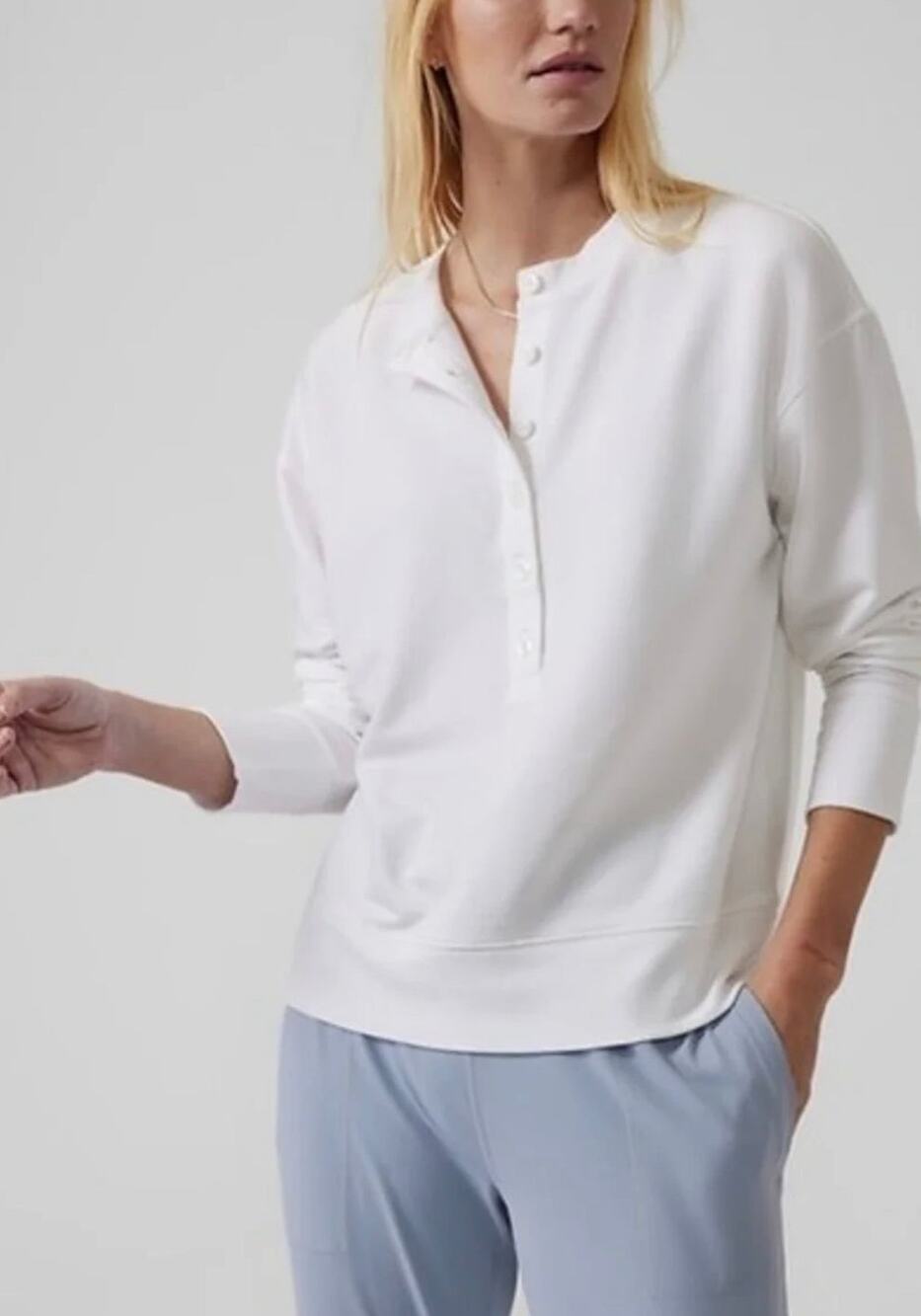 Athleta Balance White Henley Pullover Sweatshirt Crewneck Button Up Size XS